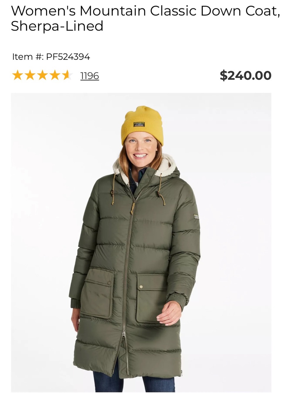 L.L.Bean Women's Mountain Classic Down Coat, Sherpa-Lined - Olive Green